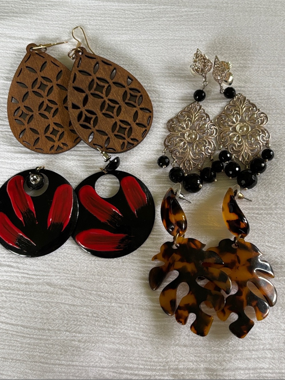 Assorted Women’s Statement Earring set, 3” - 2 1/2” Black silver, red & tortoise